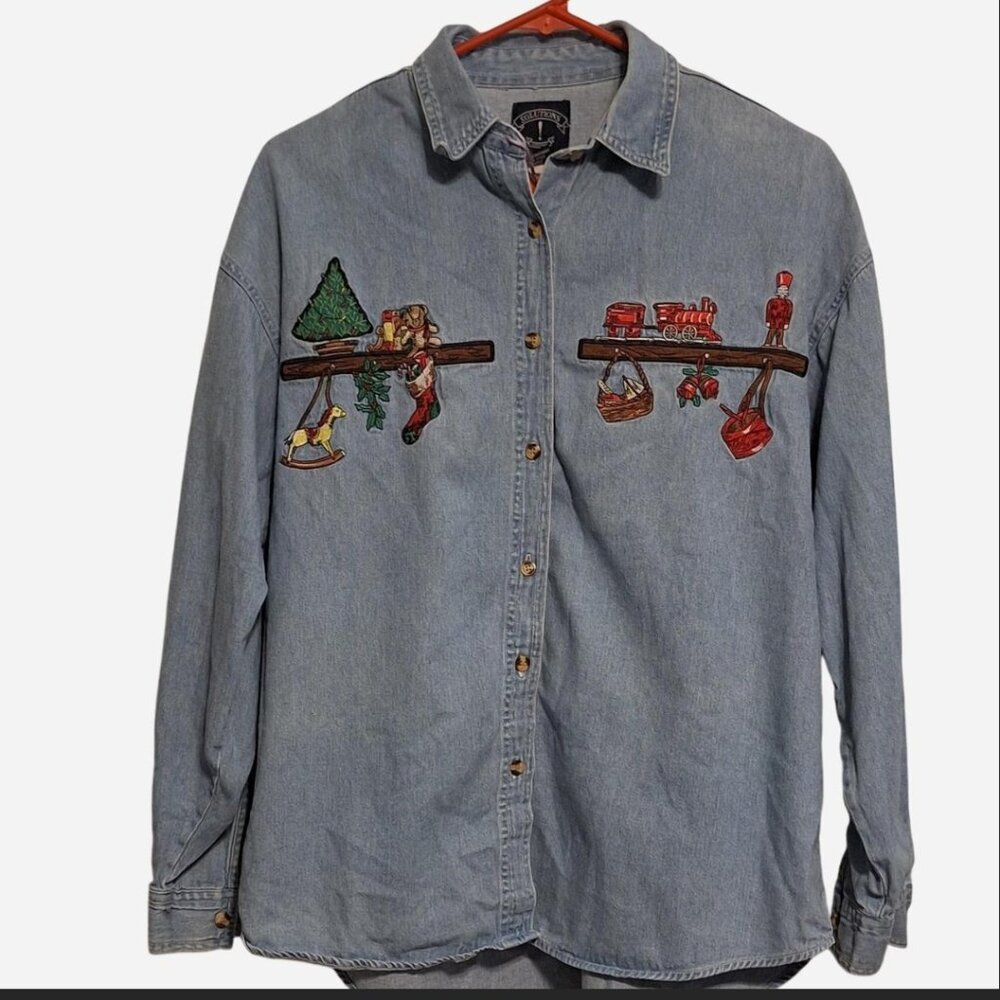 CHRISTMAS VINTAGE EMBROIDERED DENIM SHIRT, WOMEN'S SIZE MEDIUM